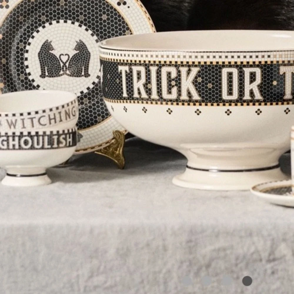 Anthropologie Bistro Tile Nut Bowl Set 2 Halloween Witch Cat & Bat Dessert Black